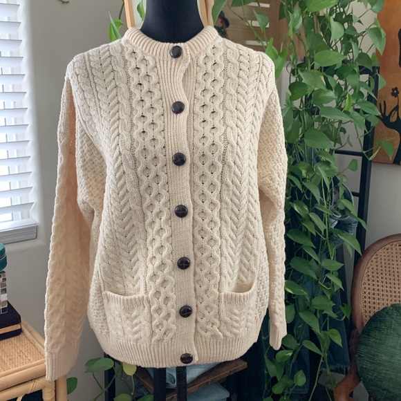 Aran Sweaters - Aran Ireland Merino Wool Fisherman Knit Button Up Lumber Jacket Cardigan Sweater